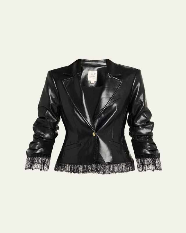 Lace-Trim Vegan Leather Blazer